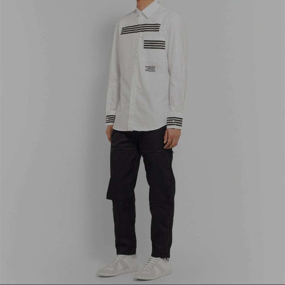 Authentic Burberry Slim-Fit Striped Logo-Embroidered White Oxford Shirt